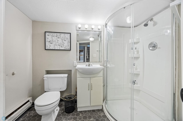 726 Oak St N, Fargo, ND 58102 - full bathroom with baseboard heating, vanity, a shower stall, tile patterned floors, and a textured ceiling