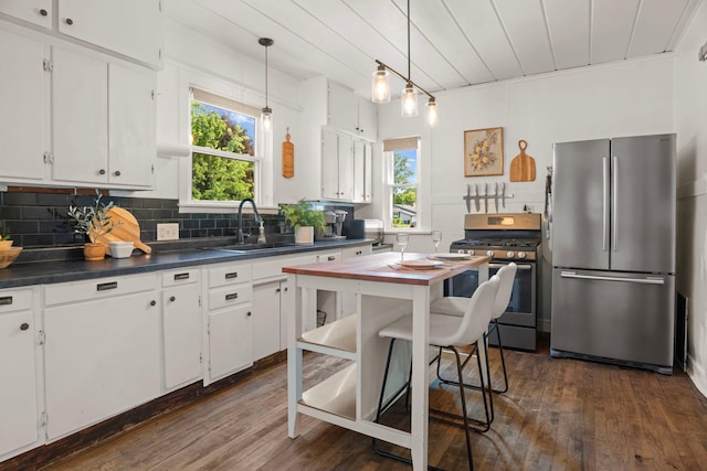 823 Owens St N, Stillwater, MN 55082 - kitchen with appliances with stainless steel finishes, dark countertops, healthy amount of natural light, dark wood finished floors, and wood ceiling