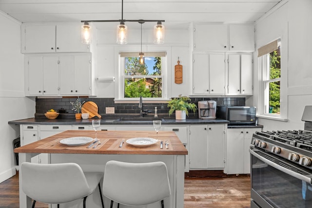 823 Owens St N, Stillwater, MN 55082 - kitchen featuring stainless steel gas range, black microwave, white cabinetry, and dark wood-style floors
