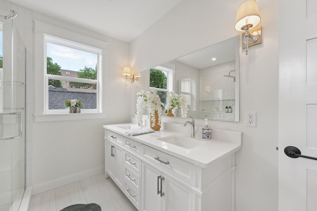 109 Pine St E, Stillwater, MN 55082 - full bathroom featuring double vanity, a shower stall, and recessed lighting