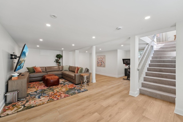 109 Pine St E, Stillwater, MN 55082 - living room featuring light wood-type flooring, stairs, and recessed lighting