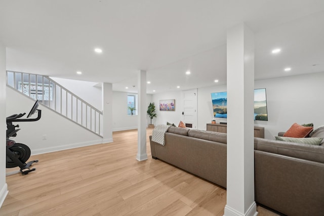 109 Pine St E, Stillwater, MN 55082 - living room featuring light wood finished floors, stairs, and recessed lighting