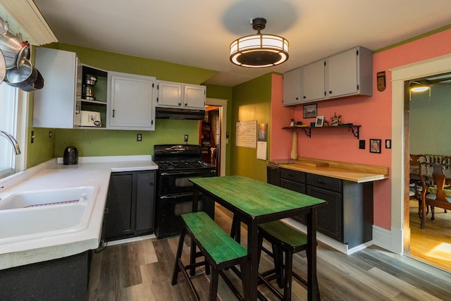 2912 15th Ave S, Minneapolis, MN 55407 - kitchen with double oven range, open shelves, under cabinet range hood, and dark wood-style flooring