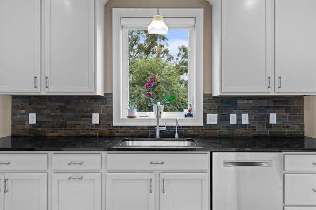 18837 Javelin Way, Lakeville, MN 55044 - kitchen featuring dishwashing machine, white cabinetry, tasteful backsplash, hanging light fixtures, and dark stone counters