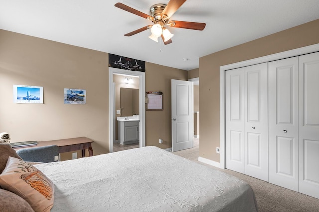 18837 Javelin Way, Lakeville, MN 55044 - bedroom featuring light colored carpet, a closet, ceiling fan, and ensuite bathroom