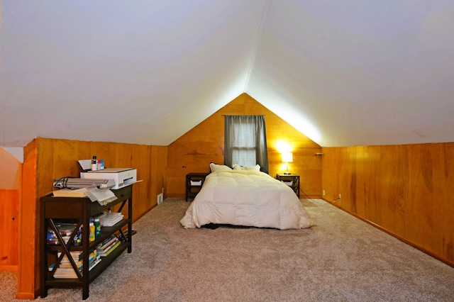 1631 Ross Ave, Saint Paul, MN 55106 - bedroom featuring carpet floors, wood walls, and lofted ceiling