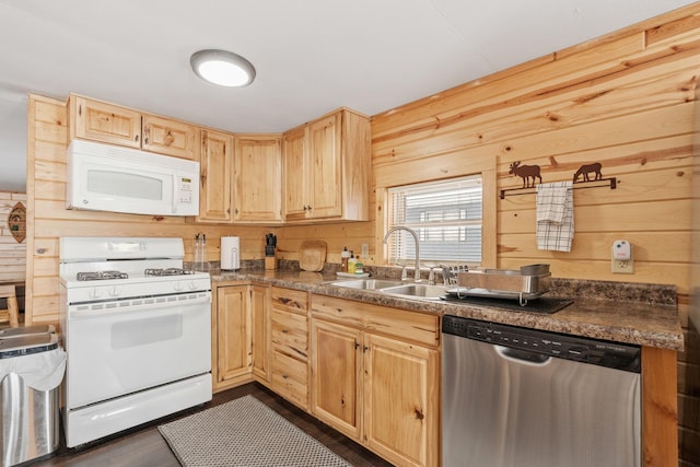 46317 Lucretia Ln, Isle, MN 56342 - kitchen with white appliances, light brown cabinetry, wooden walls, dark countertops, and dark wood-style flooring