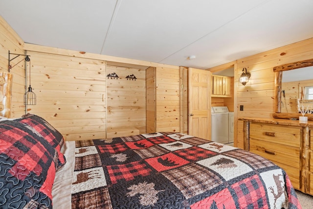 46317 Lucretia Ln, Isle, MN 56342 - carpeted bedroom with wood walls and independent washer and dryer