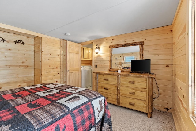 46317 Lucretia Ln, Isle, MN 56342 - bedroom with washer / dryer, wooden walls, and light colored carpet