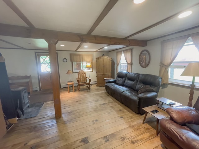 5566 Little Marais Rd, Crystal Bay Twp, MN 55603 - living area featuring light wood-type flooring, plenty of natural light, baseboard heating, beam ceiling, and recessed lighting