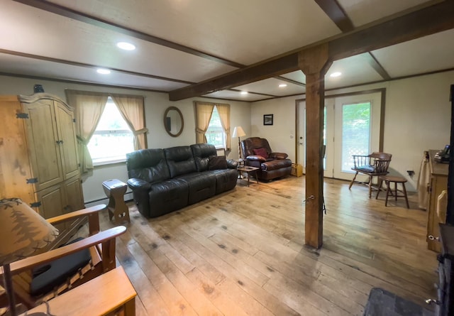5566 Little Marais Rd, Crystal Bay Twp, MN 55603 - living room with light wood finished floors, recessed lighting, and beam ceiling