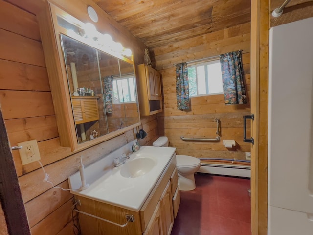 5566 Little Marais Rd, Crystal Bay Twp, MN 55603 - bathroom featuring baseboard heating, wood ceiling, wood walls, and vanity