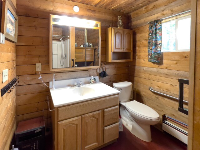 5566 Little Marais Rd, Crystal Bay Twp, MN 55603 - full bathroom featuring a baseboard radiator, wood walls, wood ceiling, vanity, and a shower
