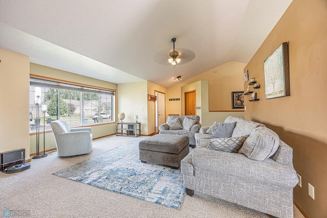 3730 Taylor St S, Fargo, ND 58104 - living room featuring carpet, ceiling fan, and vaulted ceiling