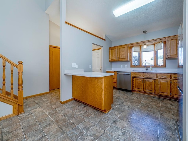 133 Summerfield Ct, Waverly, MN 55390 - kitchen featuring stainless steel dishwasher, brown cabinetry, a peninsula, light countertops, and vaulted ceiling