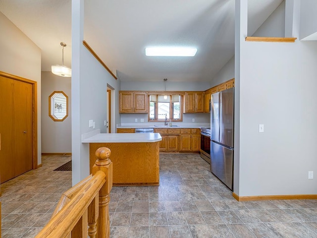 133 Summerfield Ct, Waverly, MN 55390 - kitchen featuring stainless steel appliances, light countertops, a peninsula, vaulted ceiling, and brown cabinetry