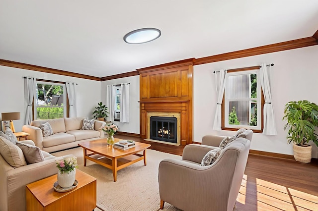 2440 37th Ave S, Minneapolis, MN 55406 - living area featuring crown molding, light wood-style flooring, and a large fireplace