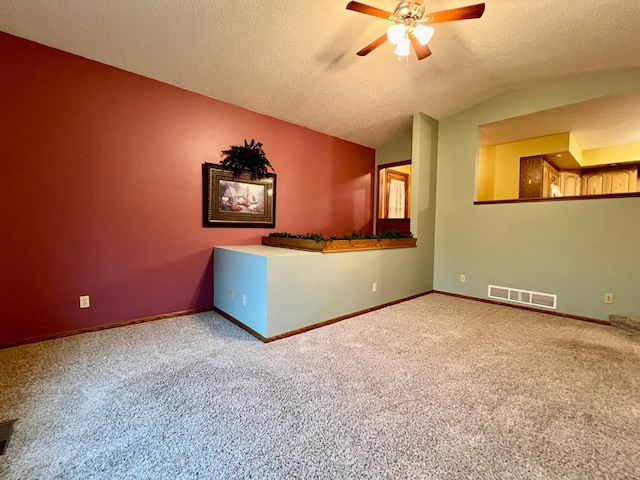 1002 6th Ave N, Wheaton, MN 56296 - spare room featuring vaulted ceiling, carpet flooring, a ceiling fan, and a textured ceiling