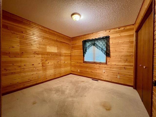 1002 6th Ave N, Wheaton, MN 56296 - spare room featuring a textured ceiling, carpet flooring, and wood walls