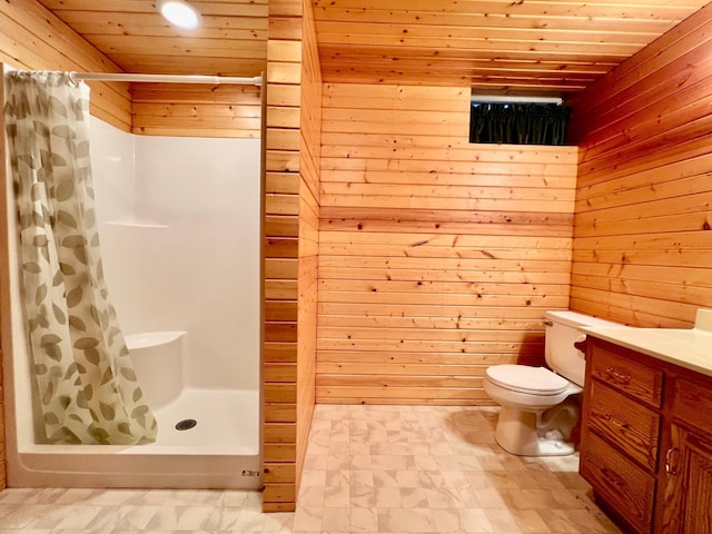 1002 6th Ave N, Wheaton, MN 56296 - full bathroom featuring wooden ceiling, wooden walls, a stall shower, vanity, and tile patterned floors