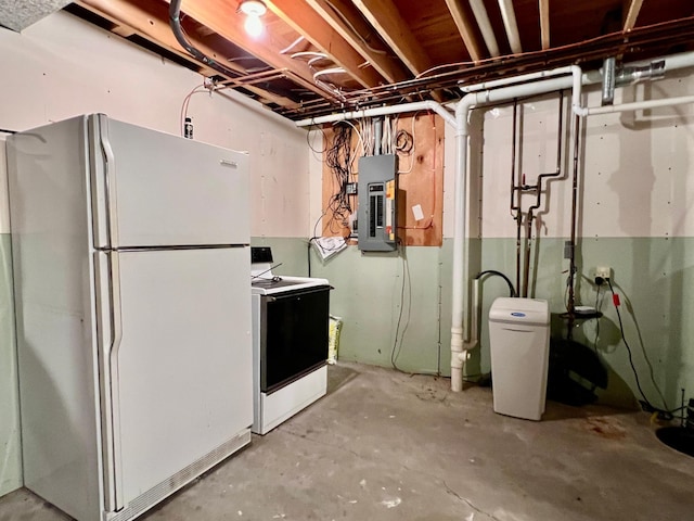 1002 6th Ave N, Wheaton, MN 56296 - unfinished below grade area with freestanding refrigerator, electric panel, and a water softener system