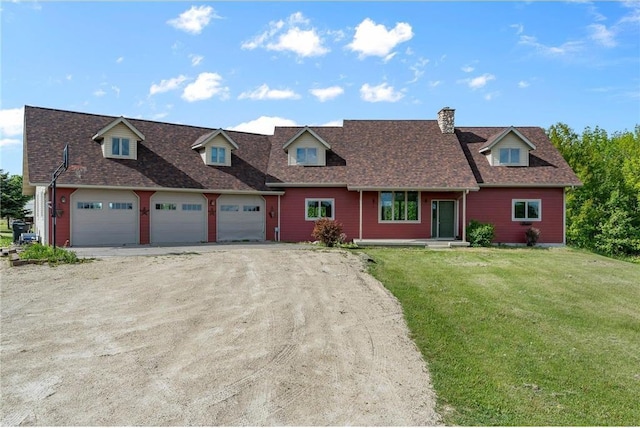 2832 130th Ave, Glenwood City, WI 54013 - cape cod home featuring driveway, a front lawn, a garage, roof with shingles, and a chimney