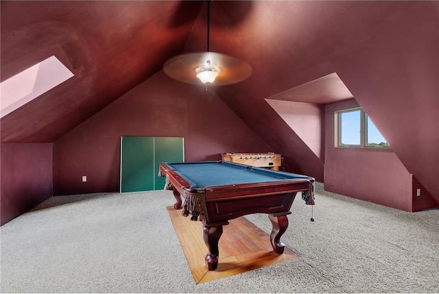 2832 130th Ave, Glenwood City, WI 54013 - playroom with carpet, vaulted ceiling, a skylight, and billiards