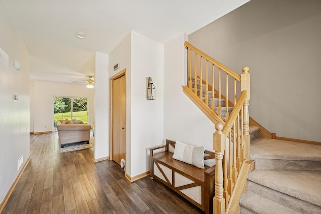 2840 Brewers Ln, Stillwater, MN 55082 - staircase with hardwood / wood-style floors and ceiling fan
