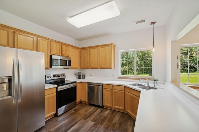 2840 Brewers Ln, Stillwater, MN 55082 - kitchen featuring appliances with stainless steel finishes, dark wood-style flooring, light countertops, and hanging light fixtures