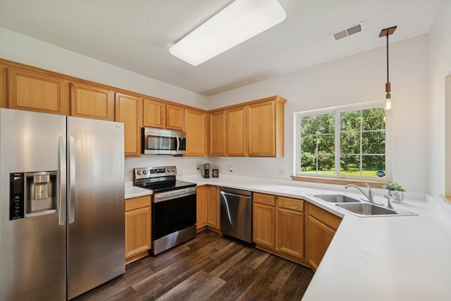 2840 Brewers Ln, Stillwater, MN 55082 - kitchen with stainless steel appliances, dark wood-style floors, light countertops, and pendant lighting