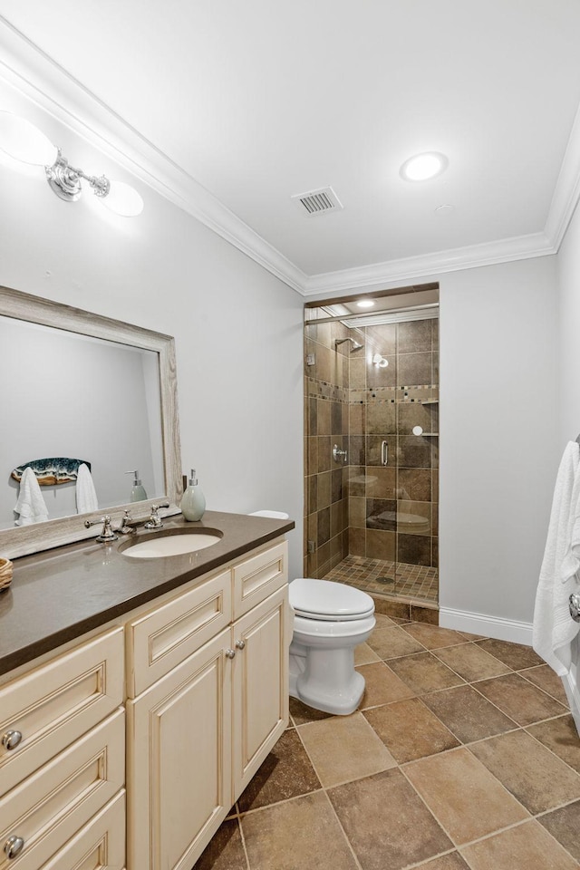 100 3rd Ave S Unit 805, Minneapolis, MN 55401 - bathroom featuring crown molding, a shower stall, vanity, and stone finish floors