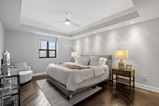 100 3rd Ave S Unit 805, Minneapolis, MN 55401 - bedroom featuring a raised ceiling, ornamental molding, dark wood-style flooring, recessed lighting, and ceiling fan