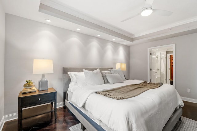 100 3rd Ave S Unit 805, Minneapolis, MN 55401 - bedroom with a raised ceiling, recessed lighting, dark wood finished floors, crown molding, and ensuite bathroom