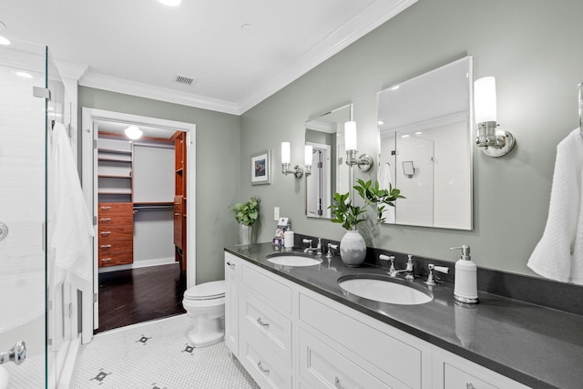100 3rd Ave S Unit 805, Minneapolis, MN 55401 - full bath with a stall shower, double vanity, crown molding, and tile patterned flooring