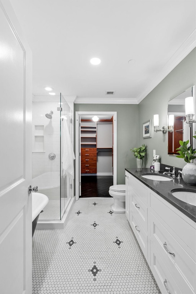 100 3rd Ave S Unit 805, Minneapolis, MN 55401 - full bath featuring crown molding, double vanity, a stall shower, and tile patterned flooring