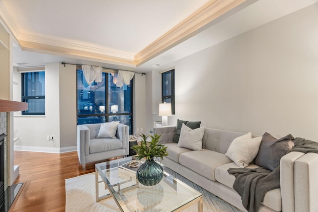 100 3rd Ave S Unit 805, Minneapolis, MN 55401 - living area with wood finished floors, crown molding, a raised ceiling, and a fireplace