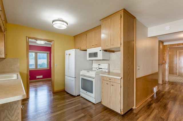 2808 34th Ave NE, Saint Anthony, MN 55418 - kitchen with white appliances, dark wood-style flooring, light countertops, and light brown cabinetry
