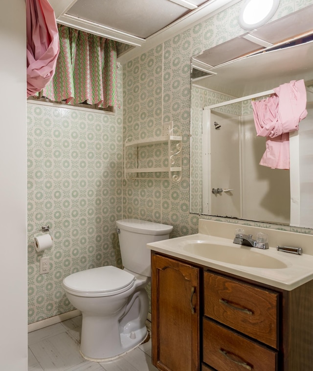 2808 34th Ave NE, Saint Anthony, MN 55418 - full bath with vanity, a shower, and wallpapered walls