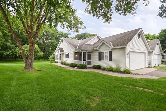 11812 37th St NE, Saint Michael, MN 55376 - ranch-style house with a garage, driveway, roof with shingles, a front lawn, and a sunroom