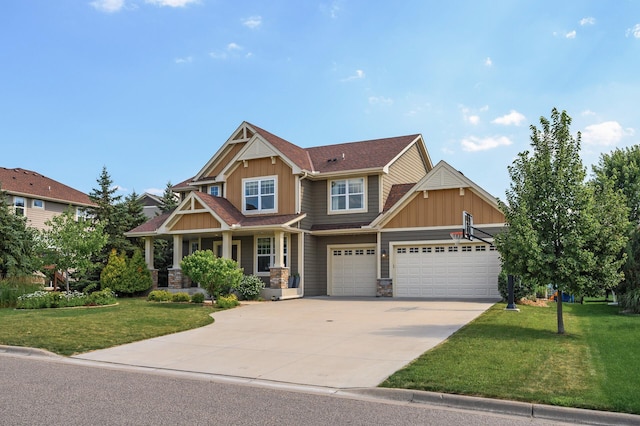 16615 54th Ave N, Plymouth, MN 55446 - craftsman house with a porch, concrete driveway, board and batten siding, stone siding, and a front lawn
