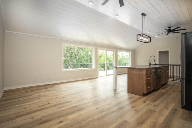 7591 Lake Ida Way NW, Alexandria, MN 56308 - kitchen with open floor plan, stainless steel appliances, a ceiling fan, lofted ceiling, and a center island with sink