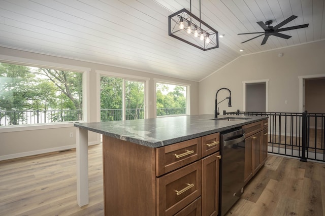 7591 Lake Ida Way NW, Alexandria, MN 56308 - kitchen with stainless steel dishwasher, vaulted ceiling, healthy amount of natural light, light wood-style flooring, and wood ceiling