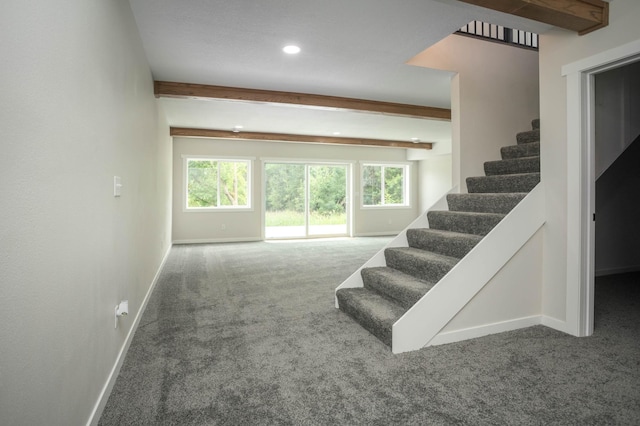 7591 Lake Ida Way NW, Alexandria, MN 56308 - stairs featuring carpet floors, recessed lighting, and beamed ceiling