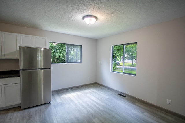 422 Park Ave, Sandstone, MN 55072 - kitchen featuring freestanding refrigerator, plenty of natural light, light wood finished floors, dark countertops, and a textured ceiling