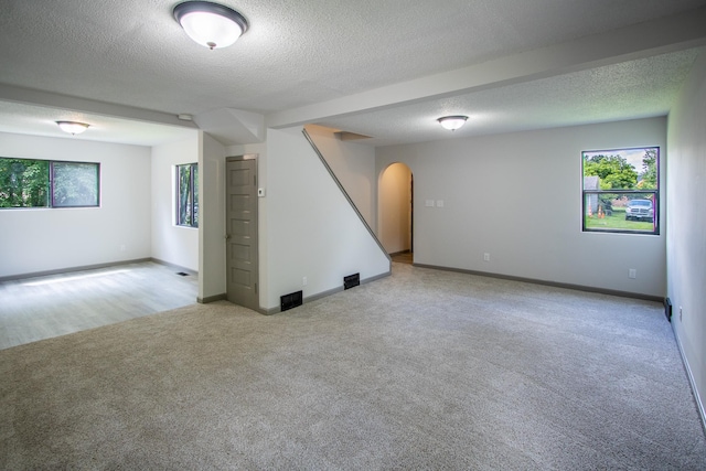 422 Park Ave, Sandstone, MN 55072 - unfurnished room featuring arched walkways, carpet flooring, plenty of natural light, and a textured ceiling