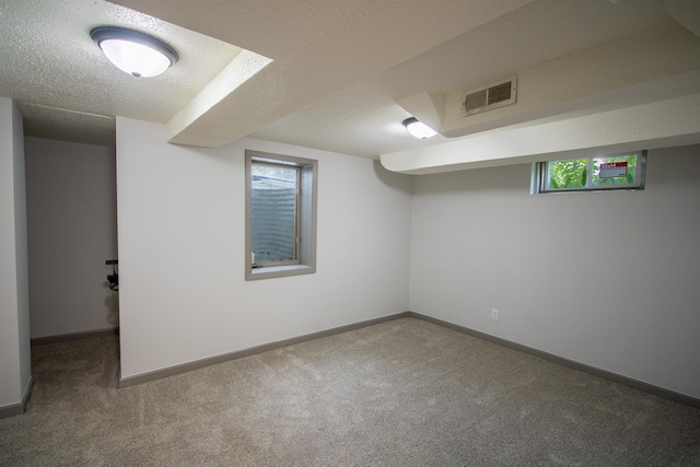 422 Park Ave, Sandstone, MN 55072 - basement featuring carpet flooring, a textured ceiling, and plenty of natural light