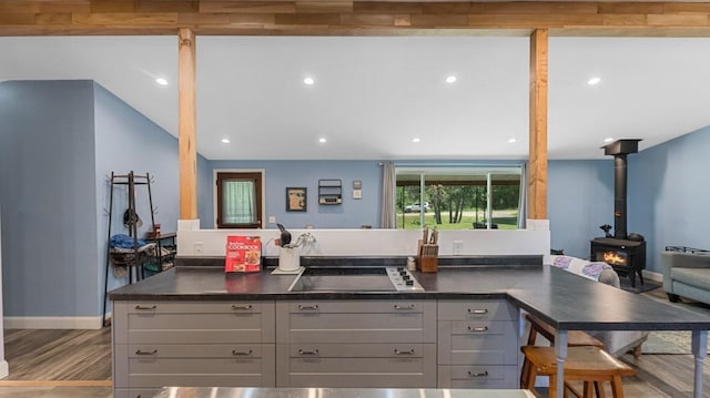 19421 708th Ave, Dassel, MN 55325 - kitchen featuring gray cabinets, a wood stove, black electric stovetop, dark countertops, and wood finished floors