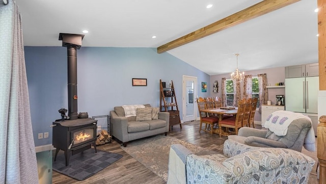 19421 708th Ave, Dassel, MN 55325 - living area with a wood stove, wood finished floors, a chandelier, and recessed lighting