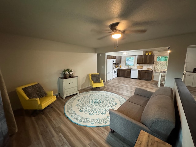 815 6th St N, New Ulm, MN 56073 - living area with wood finished floors, ceiling fan, and a textured ceiling