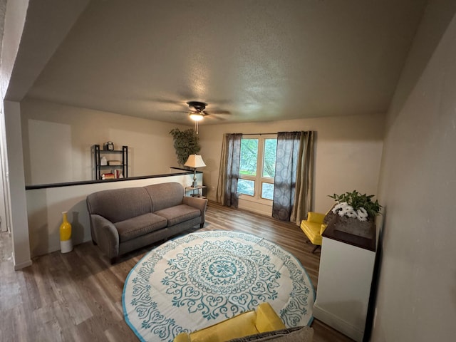 815 6th St N, New Ulm, MN 56073 - living room featuring wood finished floors, a ceiling fan, and a textured ceiling